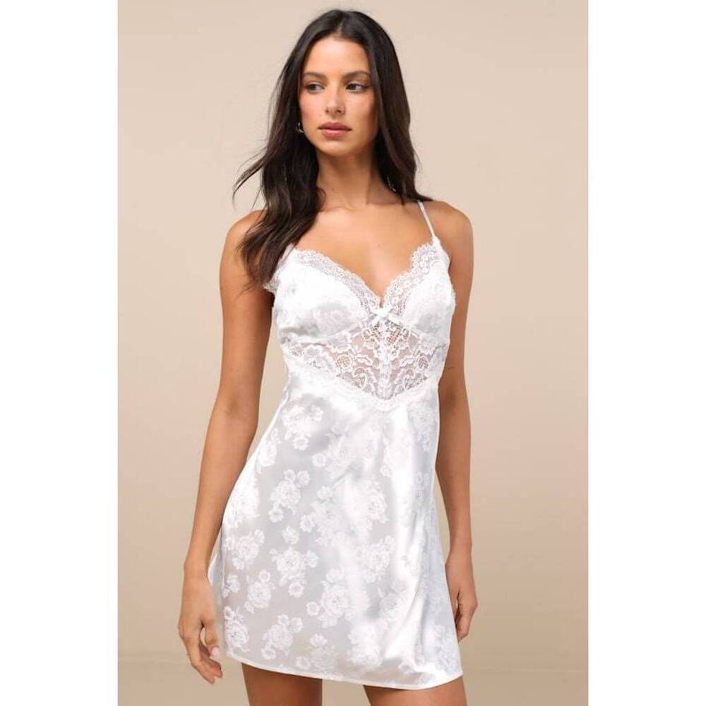 Lulus Aliona Ivory Satin Jacquard Lace Lingerie Slip White - Size S